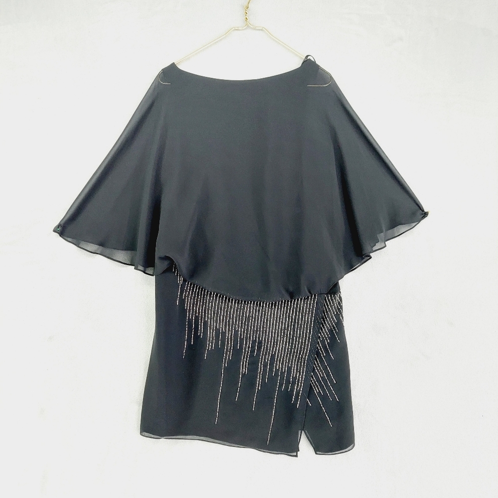 NEW Angel Sanchez Black Capelet Mini Dress with Beaded Fringe P291
